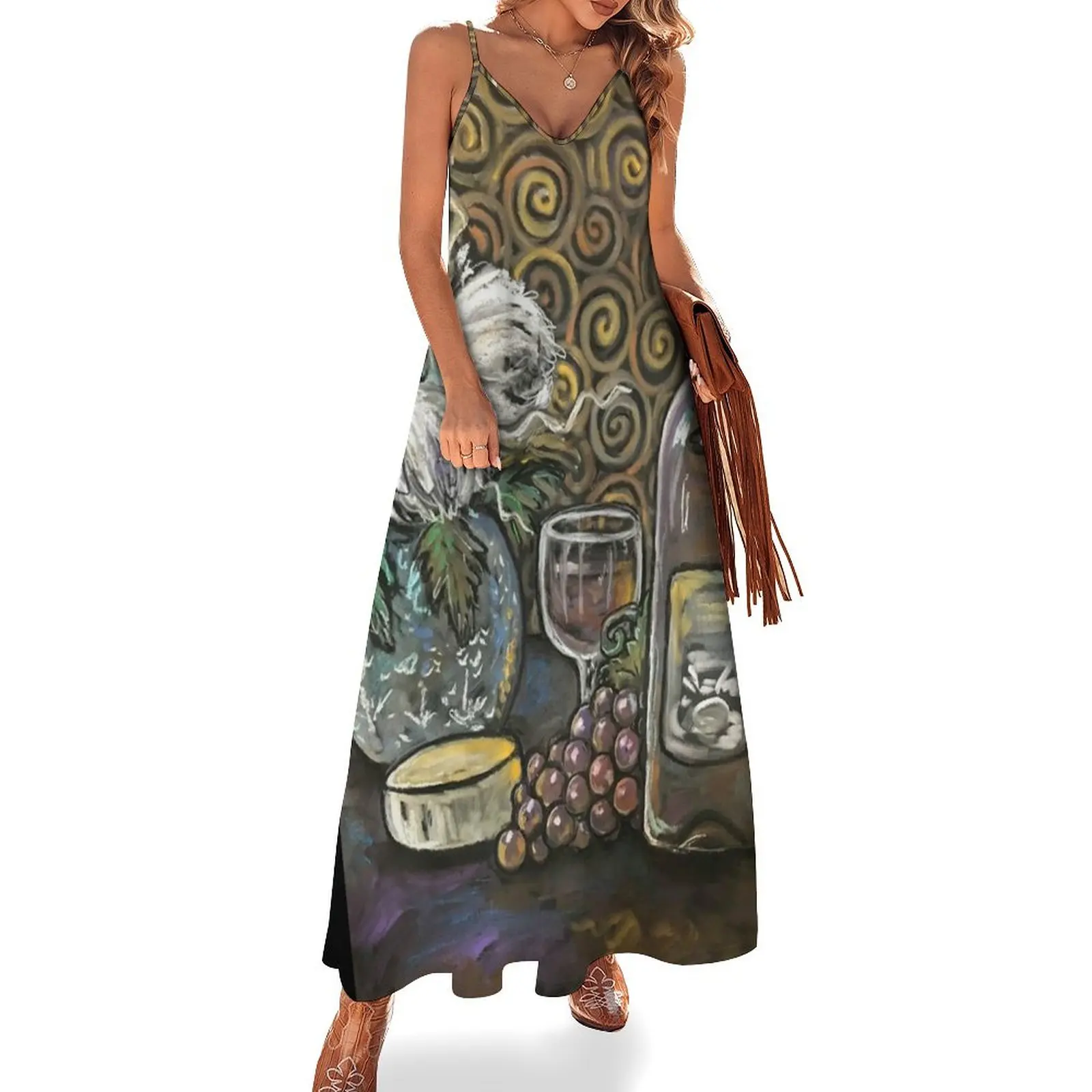 

Wine Swirl / Red Wine / Grapes / Wine Glass Cheese wheel Still life Sleeveless Long Dress summer dress Dress