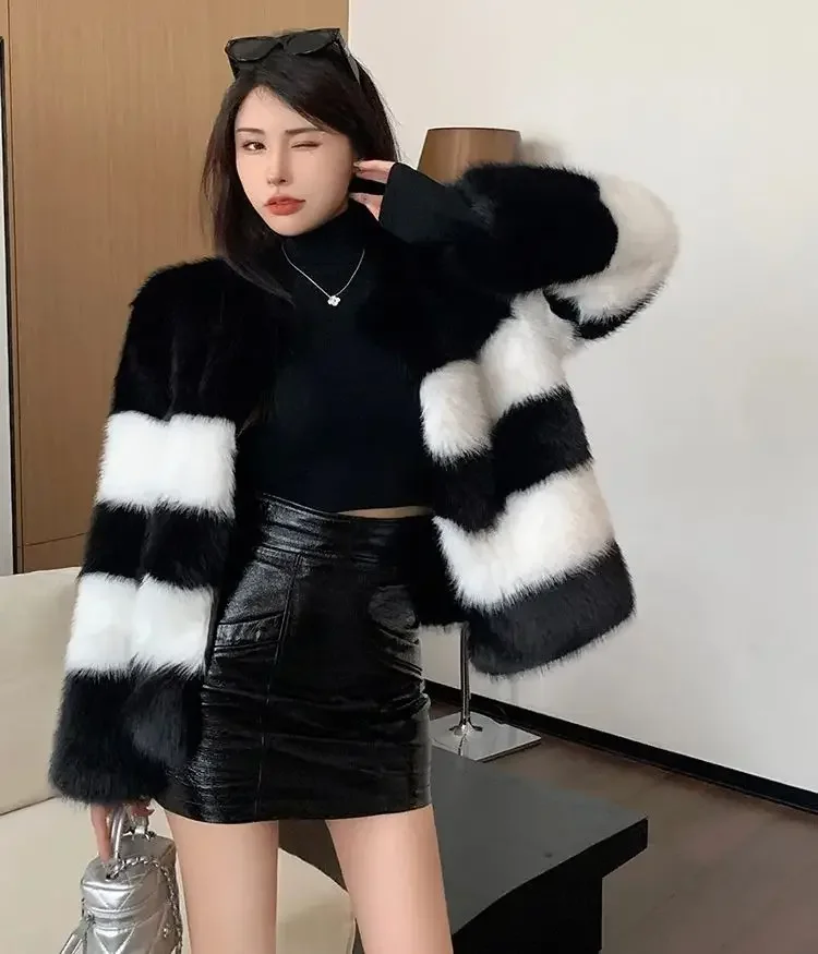 FANIECE 2025 Winter New Fashion Faux Fox Fur Coat Women Artificial Fur Jacket Party Elegant Feather Outcoat manteau femme hive