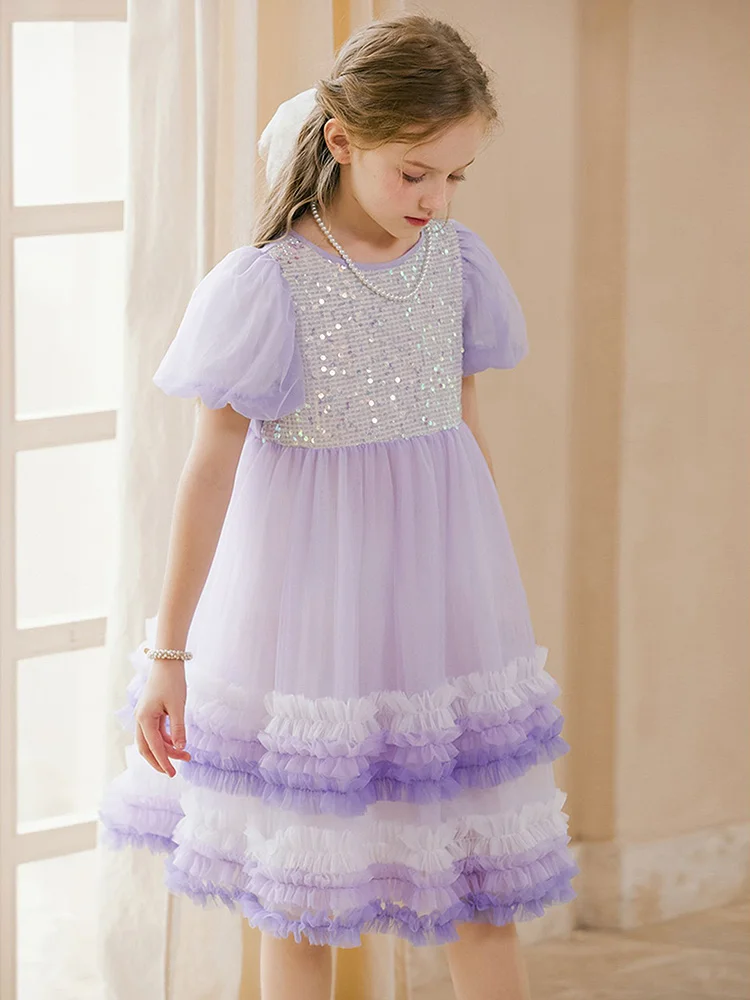 Baby Girls Dresses Gauze Sequins Purple Cute Princess Clothing Summer 3T 14yrs Kids Wear Kawaii Children Party Bridemaid Clothes