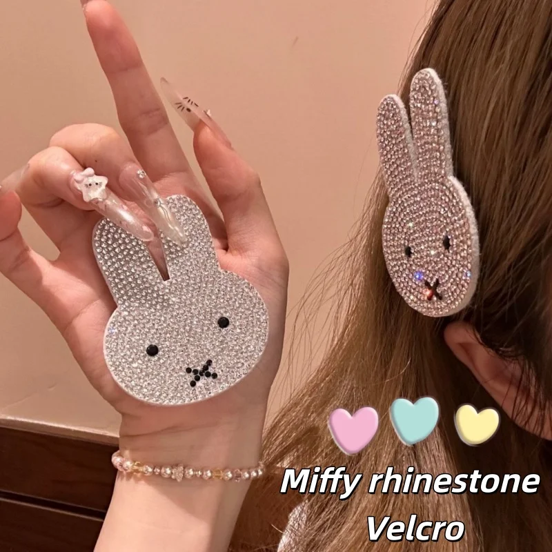 Adorable Miffy Bunny Rhinestone Velcro Bangs Clip | Niche Luxury Bling Hair Accessory & Personalized Glitter Hairpin for Girls