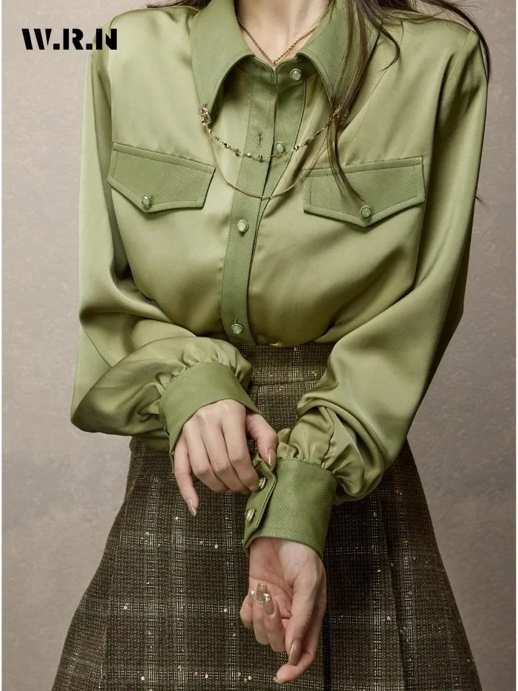 Casual zielone miękkie eleganckie koszule z długim rękawem i kołnierzykiem 2024, wiosenne, damskie, klasyczne, biurowe, damskie bluzki w jednolitym kolorze