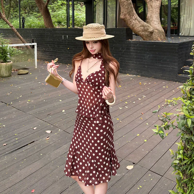 

Summer Vacation Polka Dot Halter Neck Long Skirt Two-Piece Set Low Waist H-Shape Sweet Style Printed Fabric Bodycon Skirt