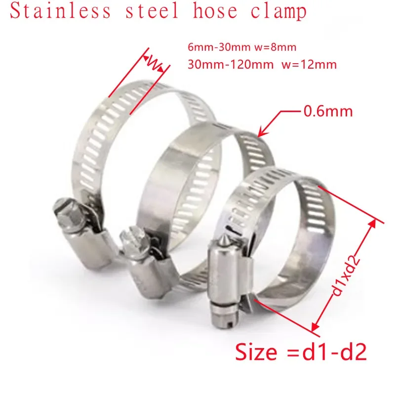 5pcs-10pcs  6mm to 50mm 304 Stainless Steel Adjustable Drive Hose Clamp Fuel Line Worm Size Clip Hoop Hose Clamp