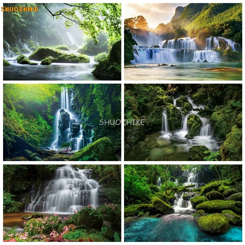 

Spring Natural Scenery Backdrop Photography Waterfall Mountain Forest Tree Water River Landscape Photo Background Studio Props