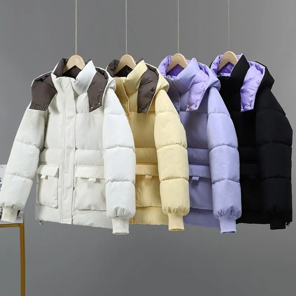 Winter Down Coat Stand Collar Pockets Zip-up Padded Hooded Parka Windproof Heat Retention Cold Weather Cotton Jacket