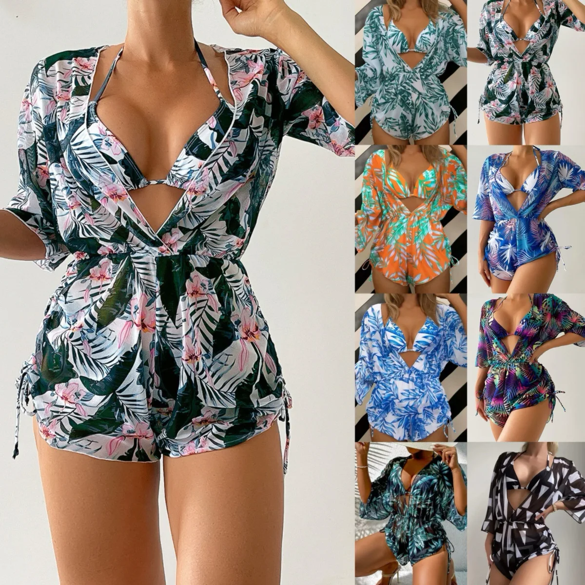 Nadanbao Sexy V-Neck Three-Piece Bikini Set Swimsuit Women Bandage Floral Printing Bikini Beach Party Fashion Bodysuit Swimwear