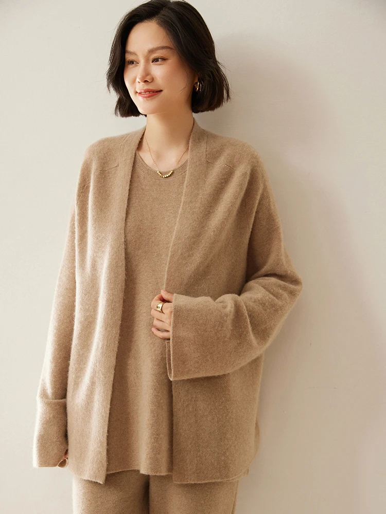 Women Warm Soft Cardigan Autumn Winter Temperament Long Sleeves 100% Cashmere Sweater Casual Loose Solid Korean Style Tops