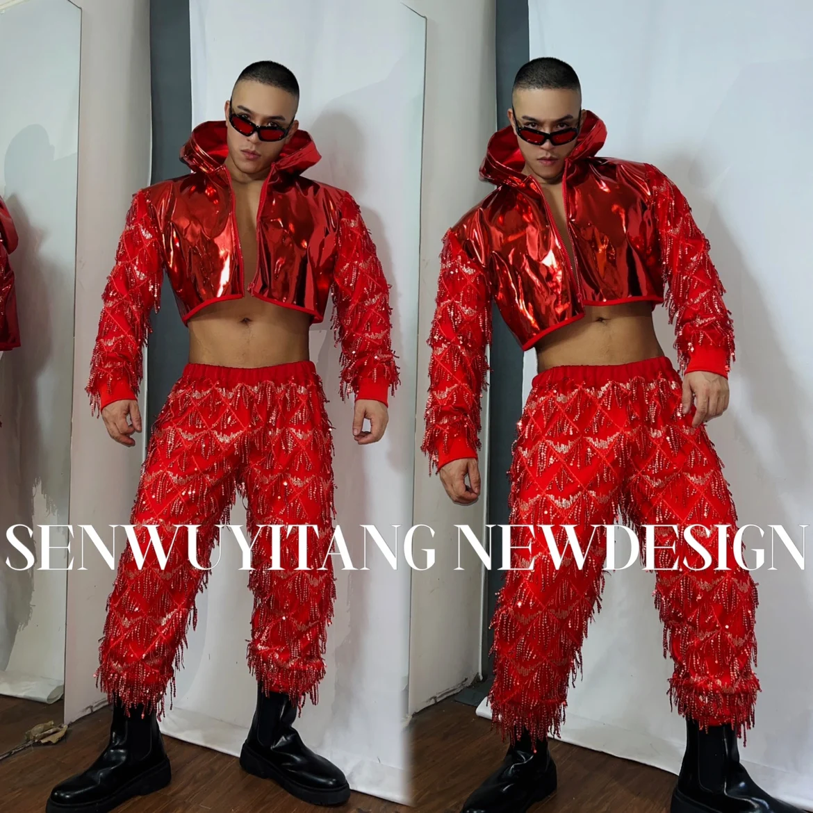 

New Sliver Red Mirror Glitter Jacket Pants Set Nightclub Bar Male Singer DJ Jazz Dance Stage Wear Party Club Christmas Outfits