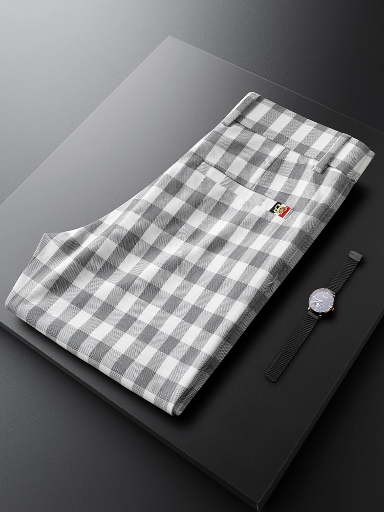 

Light Luxury Summer Thin ey White Plaid Men's Slim Straight Casual Pants Faionable Trendy Long Trousers Comfortable Fit