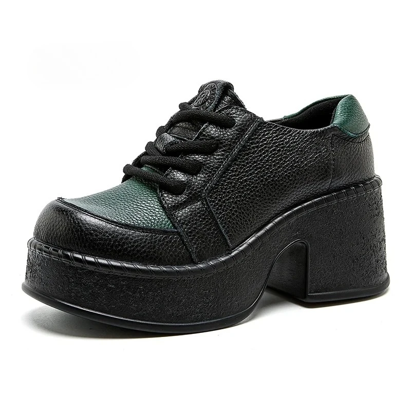 

Женская обувь на высоком каблуке с верхним слоем из воловьей кожи, цвет заклинания, толстая подошва, новинка 2025, осенняя модная обувь на шнуровке