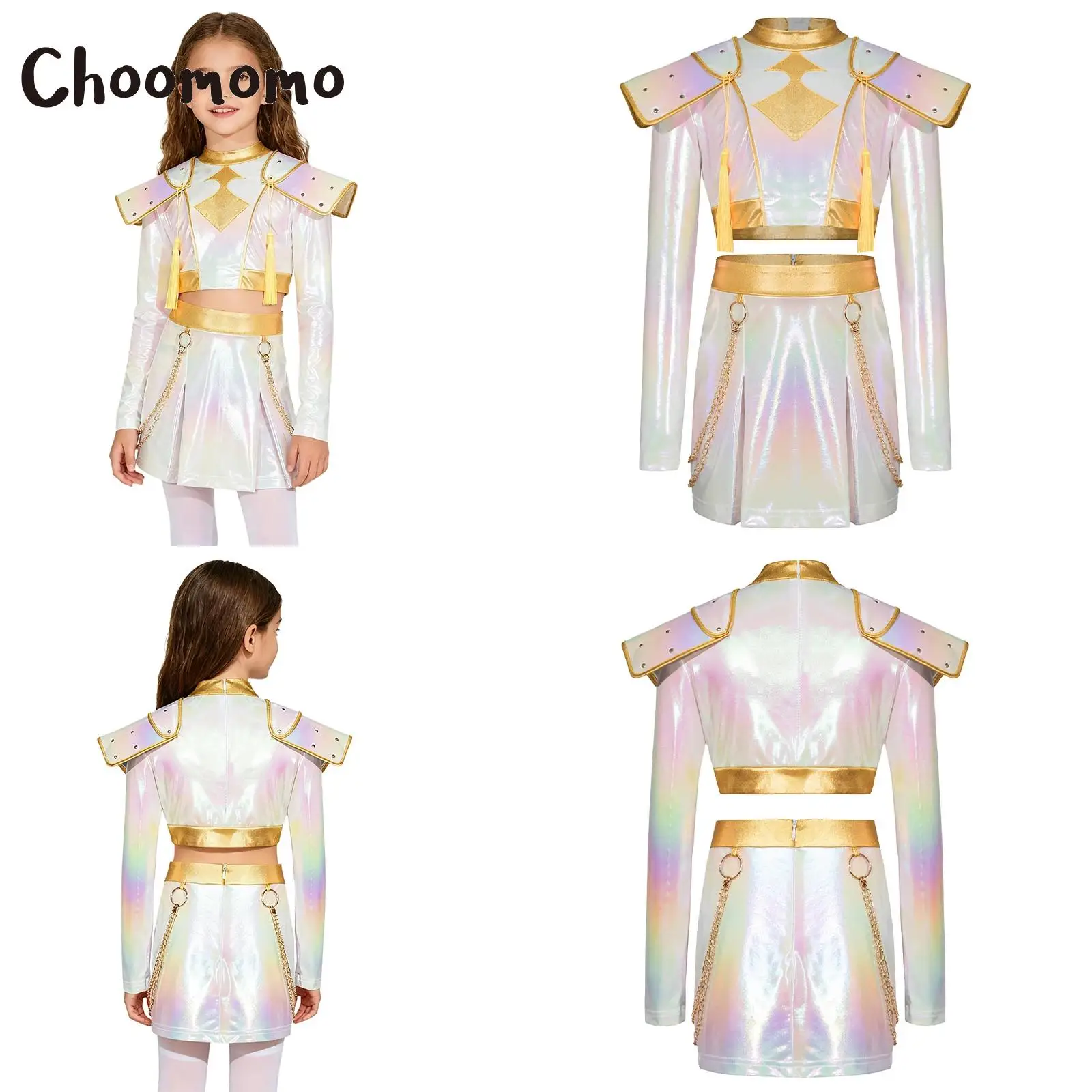 

Anime Character Cosplay Outfit Halloween Party Costume Girls Iridescent Gloss Mock Neck Long Sleeve Crop Top with Skirt Sets