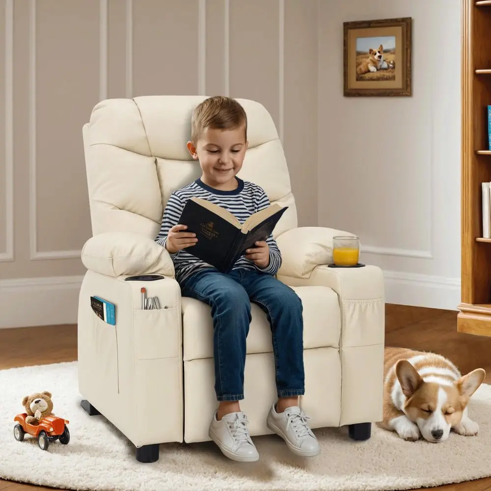 

Детское кресло-реклайнер для детей от 3 лет, диван-реклайнер с подстаканниками, из искусственной кожи, кремово-белый цвет