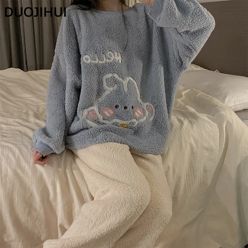 Duojihui Tweedelige Winter Dikke Warme Zachte Pyjama 'S Voor Vrouwen Koreaanse Stijl Mode 2-Kleuren Chique Print Losse Vrouwelijke Pyjama Set