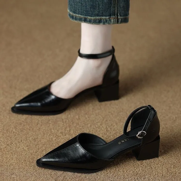 Summer New Square Head Hollowed-out Bowhead Sandals Women\'s Medium Heel Chunky Breathable High Heels