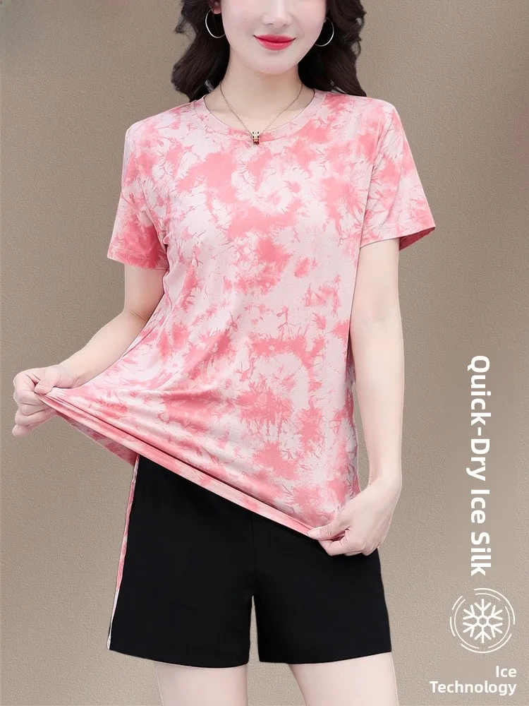 

Tucano Qui Dry Sports Set Women Summer Thin New Faion Ice Silk ort Sve orts Running Suit round Ne Two Piece Set