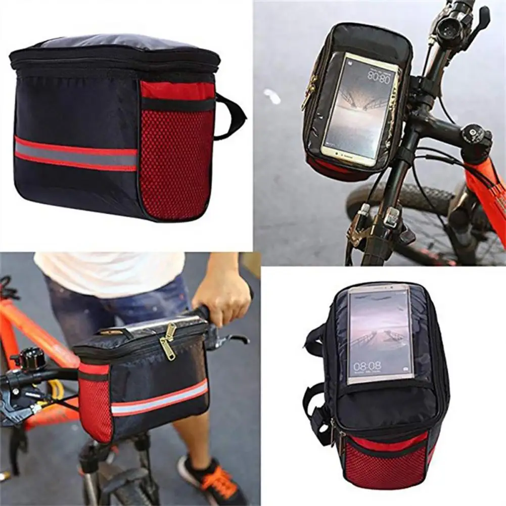 Bicycle Front Handlebar Bag Multifunction Portable Reflective Strip Bike Frame Pannier Shoulder Bag Organizer