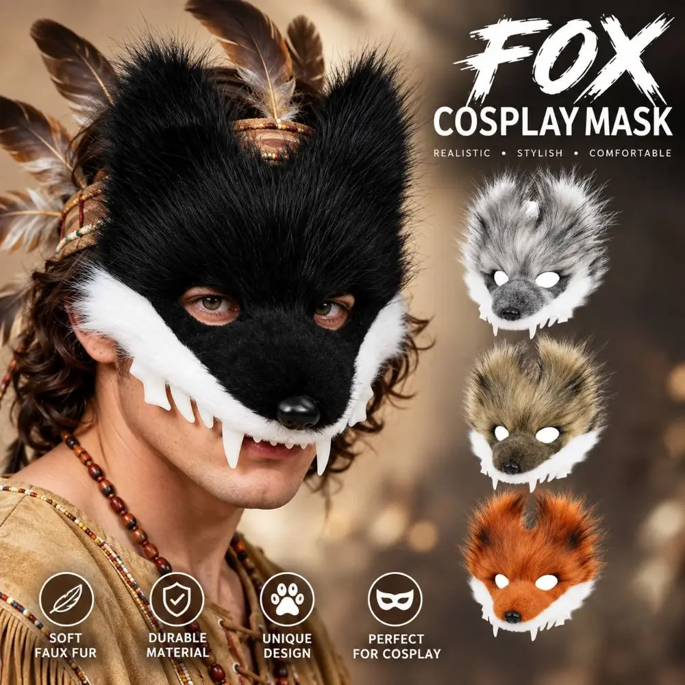 Gifts Plush Faux Fur Fox Mask Furry Ears Soft Texture Animal Mask Fox Nose Eye Openings Furry Mask Halloween Party