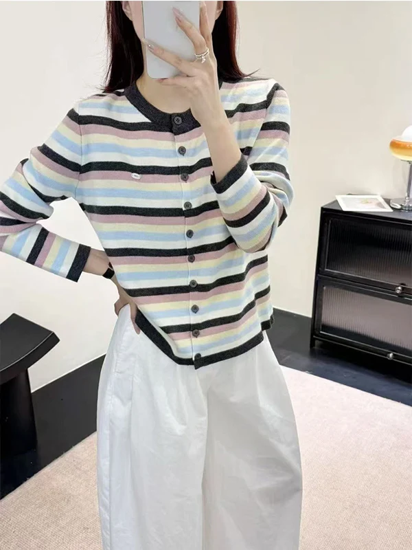 

Autumn 2025 round Neck Striped Color Block Slim Fit Knitted Loose Style Fashionable Cardigan Outerwear for Ladies Casual Wear