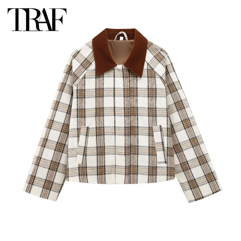 

TRAF Plaid Short Jackets 2025 Women's Spring Oversize Long Sleeve Coat Fashion Casual Elegant Cropped Jacket New In Outerwears