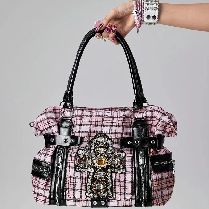 

Y2k Bags For Women New In Original Design Punk Gothic Plaid Canvas Tote Bag Large Capacity Multi-pocket Streetwear Shoulder Bag