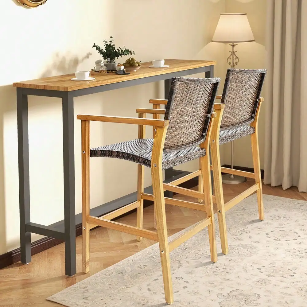 Taburete de bar de ratán para patio, 2 sillas de bar de mimbre PE con reposabrazos y reposapiés resistentes