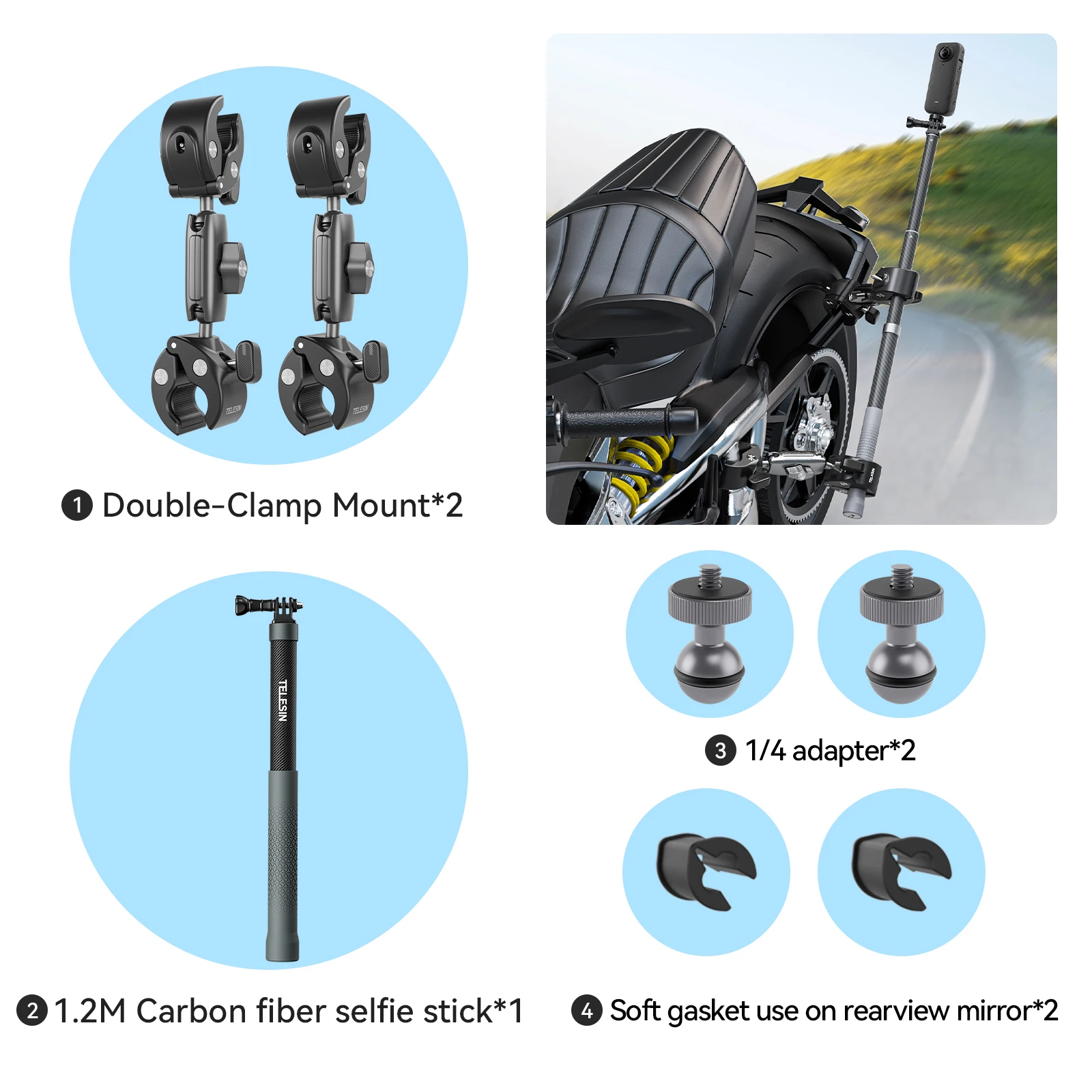 TELESIN Motorcycle Bike Monopod Fietsstuur Panoramische Mount Onzichtbare Selfie Stick Beugel voor GoPro Hero DJI Insta360