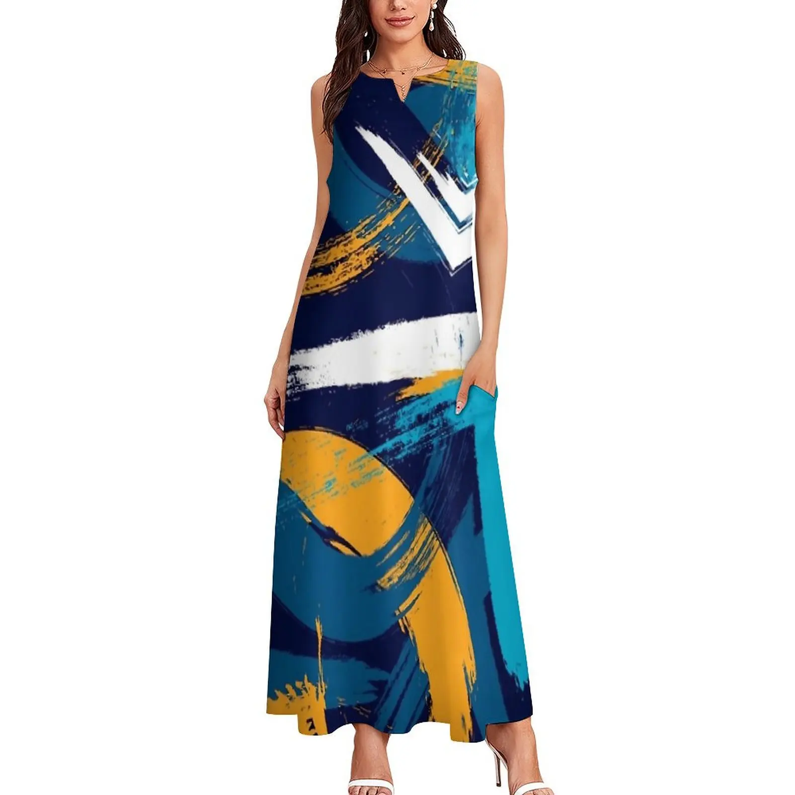 Brush Print Dress Summer Blue Yellow White Aesthetic Bohemia Long Dresses Ladies Kawaii Maxi Dress Gift