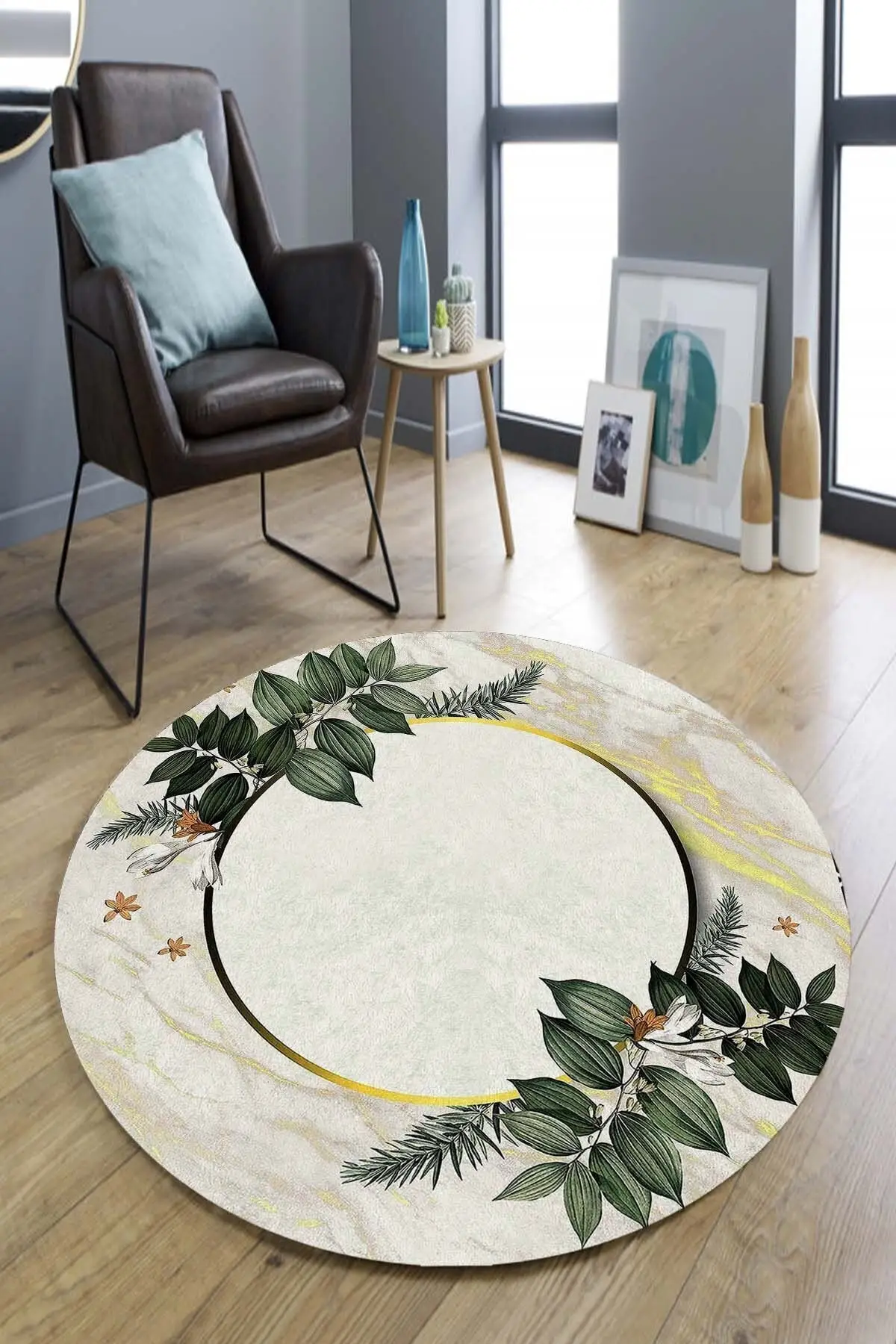 

DOLBOVI green leaf frame motif round carpet (machine washable non-slip Dot base)-Wlly1100