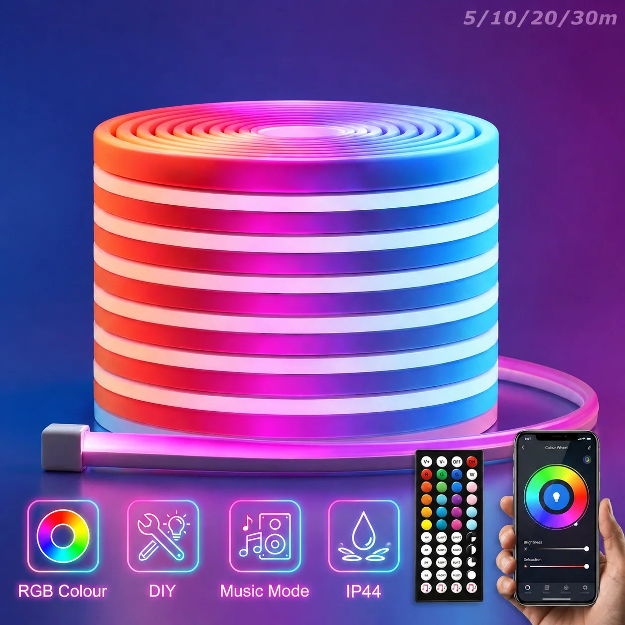 Luci a corda al neon RGB a LED, controllo tramite app/telecomando, luci a corda LED flessibili, modalità multiple, IP44, luci al neon RGB 30/20/15/10/
