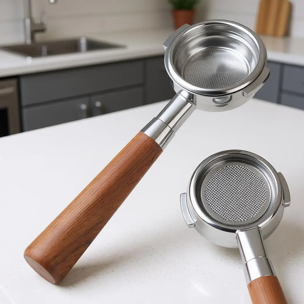 

Портафильтр 58 мм с нижним подключением, с держателем для кофейных гранул, 2 ушками, совместим с группами E61, из нержавеющей стали с ручкой из палисандра