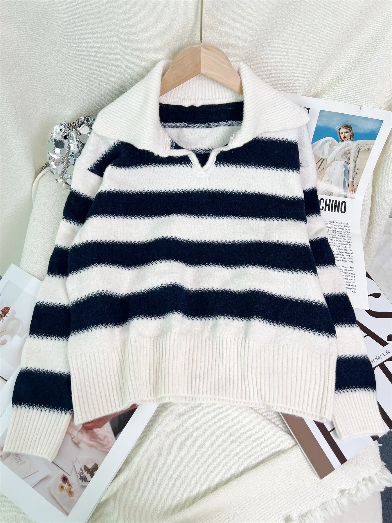 2025 Autumn and Winter New Style Turn-down Collar Color-blocking Casual Striped Knitted Pullover 6