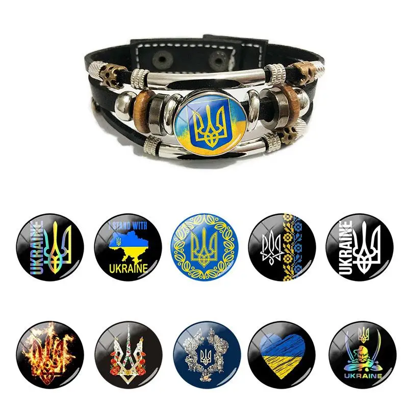 JWEIJIAO Ukraine Domain Pictures Leather Bangles Ancient Symbol Adjustable Glass Bracelet Wrap Unisex Jewelrys WKL83