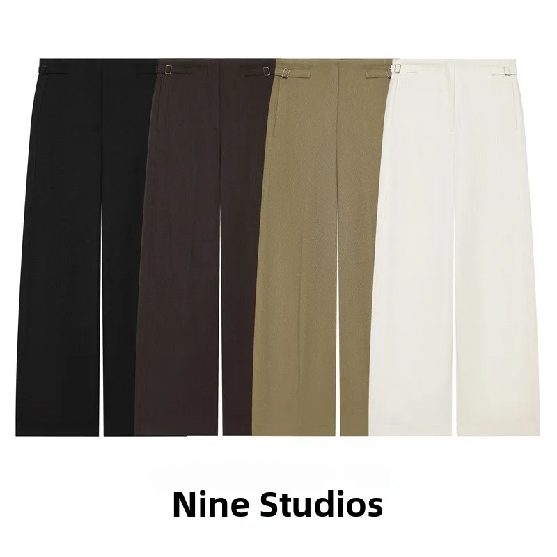 Fashionable Wide Leg Straight Cut Pants Casual Leisure Trousers for Women Stylish Buckle Decorated Long Pants Ladies Fashion
