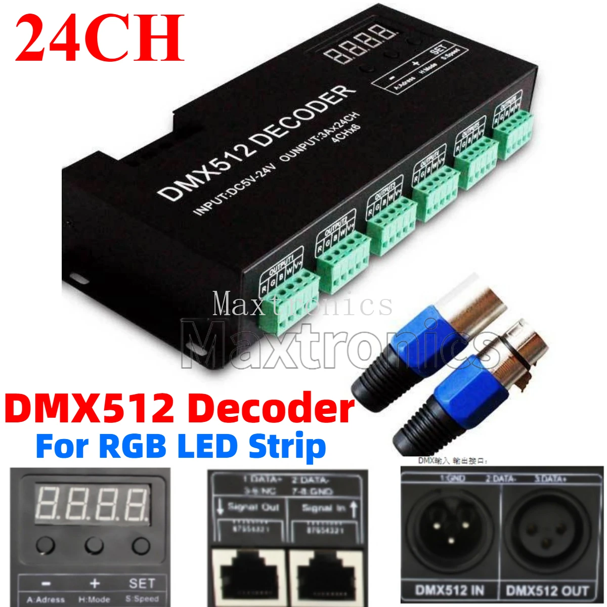 24 Channel DMX Decoder with RJ45 and XLR Plug DMX 512 Controller For DC12V-24V RGB Strip Light Decoder 72A DMX LED Dimmer Driver