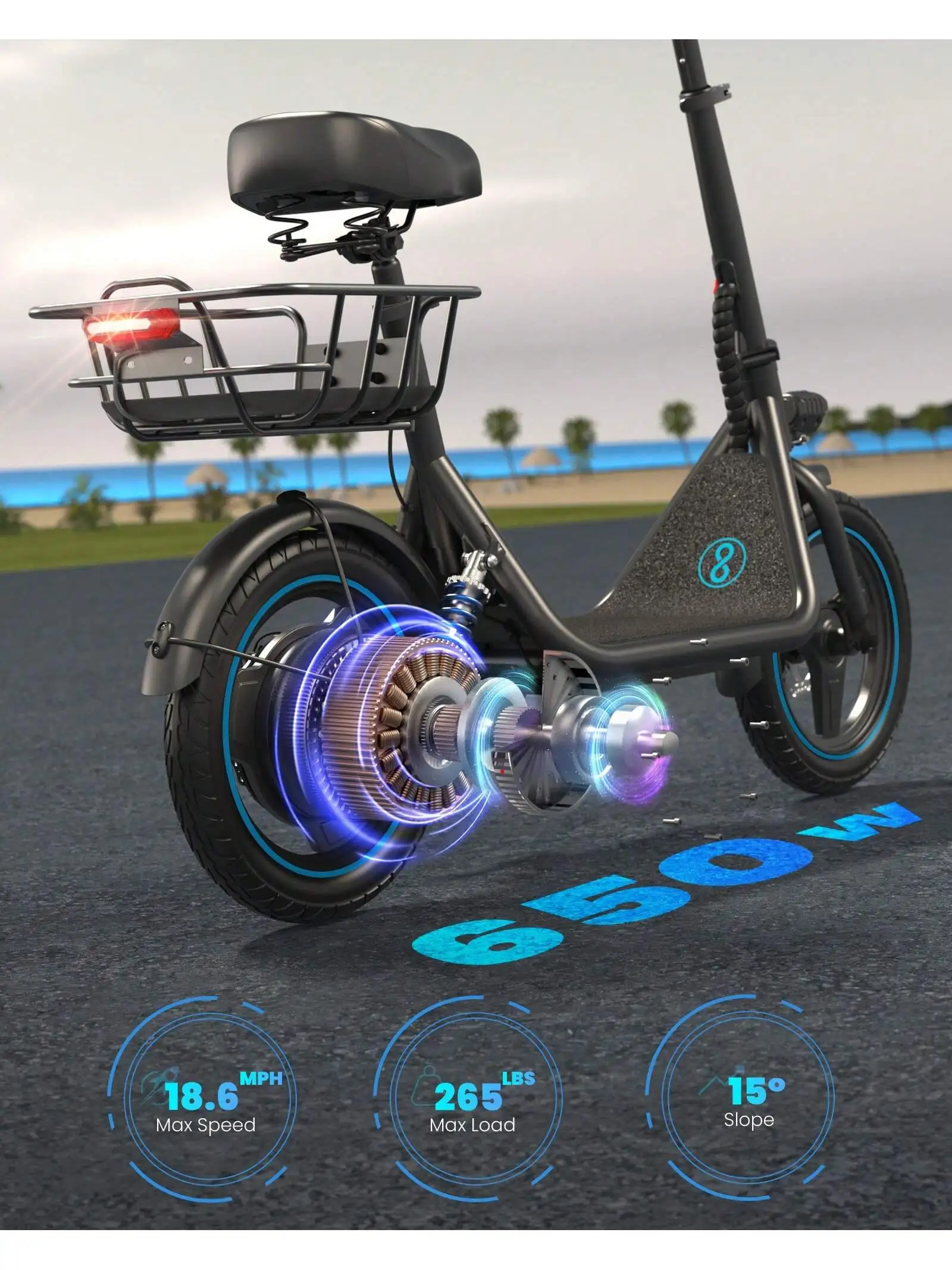 GYROSHOES 650W Adult Electric Scooter With Seat 36V 10.4Ah Battery 25 Miles Range 14 Inch Wheel Foldable E Scooter Dual Suspension UL2272 Certified Commuter E-Scooter With Basket LED Display Dual Disc Brake Load 265lbs view 3