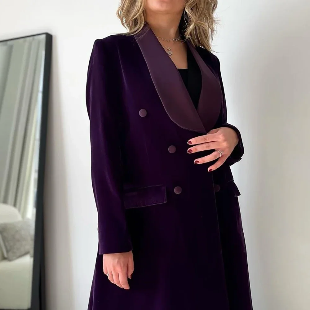 Abaya Women\'s Clothing Purple Velvet Double Breasted Shawl Lapel Outerwear Custom Made Jacket 1 Piece Luxury Muslim Dubai Dress