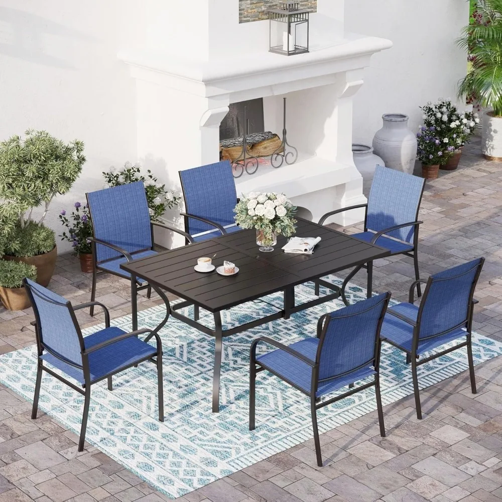 

7 Piece Patio Dining Set for 6, Rectangular Metal Dining Table with Umbrella Hole and 6 Chairs, Outdoor Table and Chairs Set