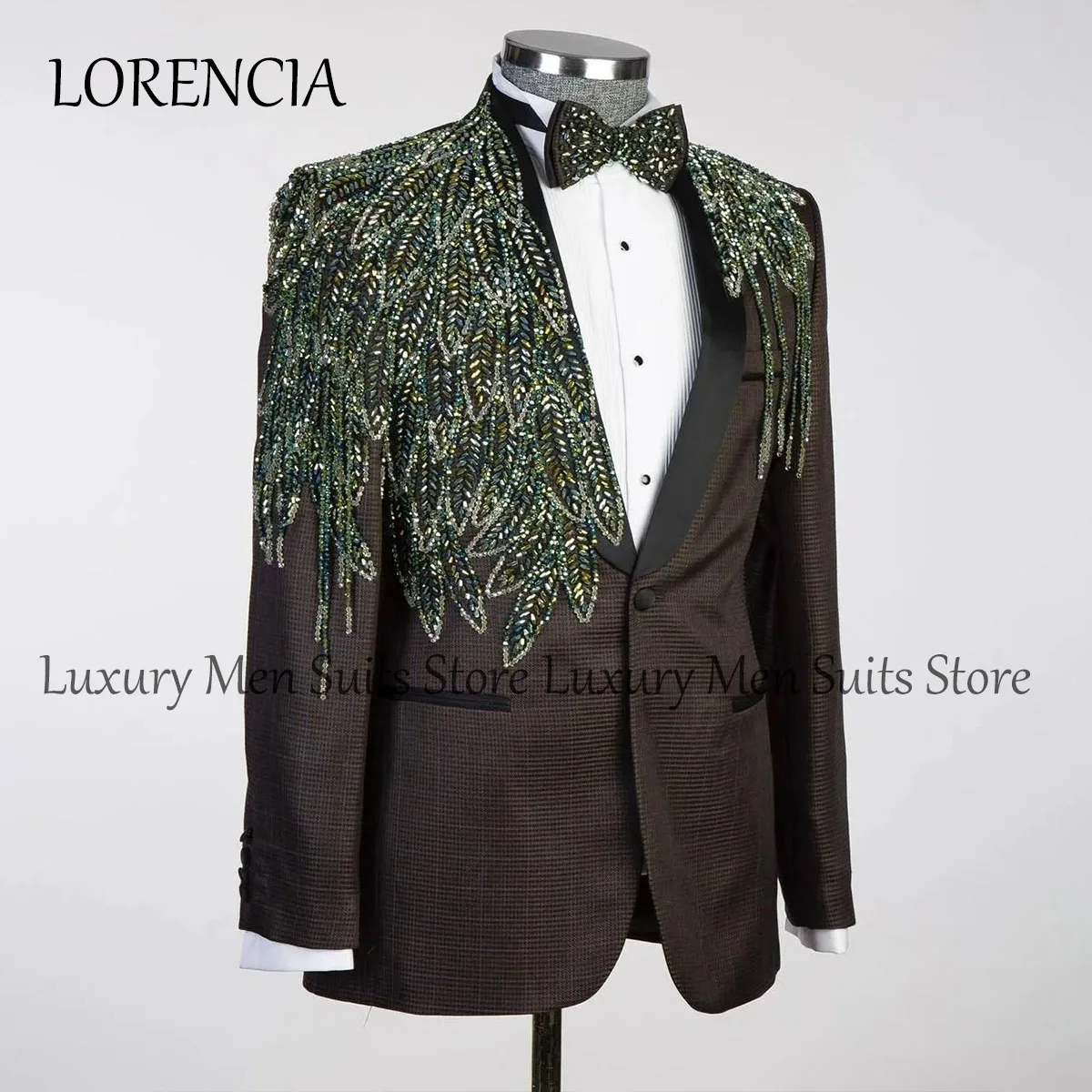 Glitter Metal Embellished Men Suits Groom Tuxedos Sparkly 2 Pieces Sets Party Prom Blazer Slim Fit Beadeds Costume Homme