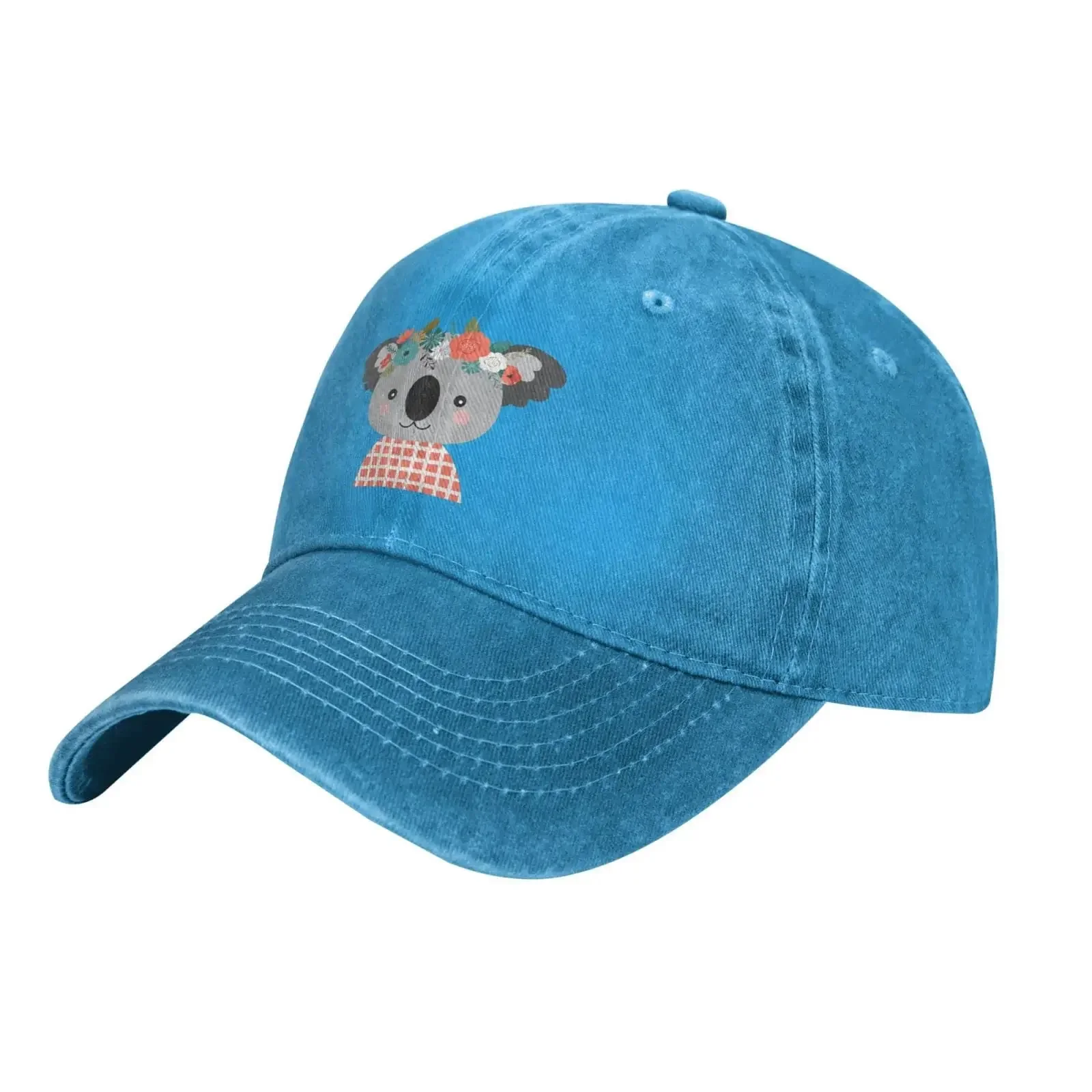 Cute Koala Flower Vintage Adjustable Washed Denim Cotton Low Profile Trucker Hat Black Fitted Baseball Ball Cap for Men Unisex