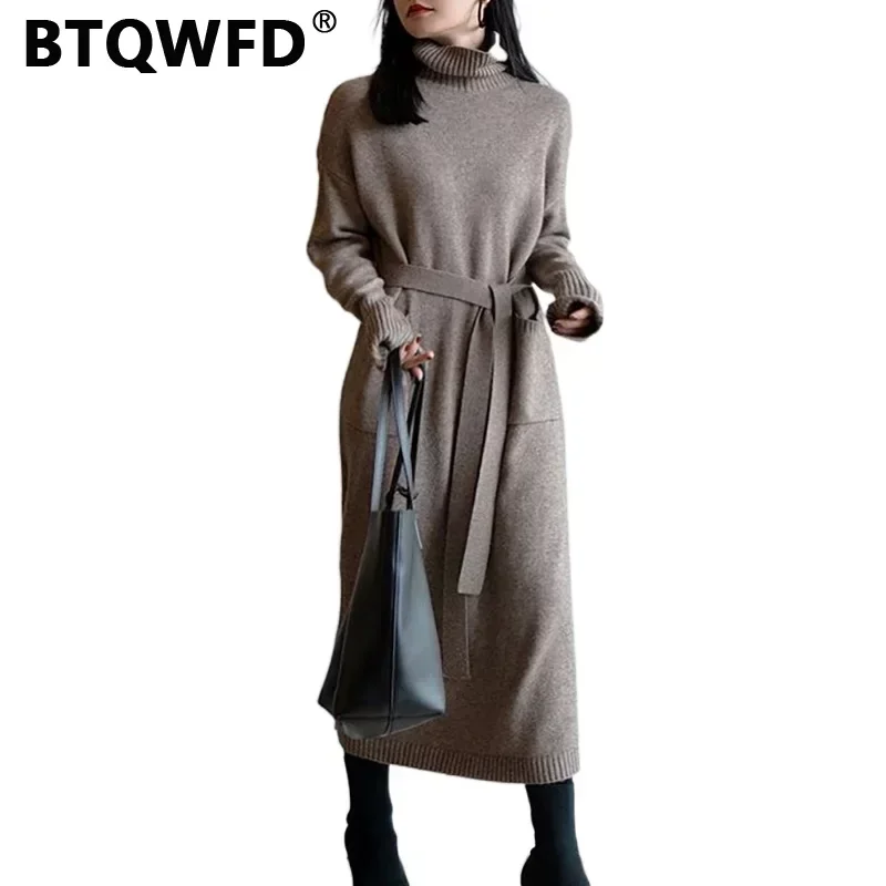 

BTQWFD Dress Women's Turtleneck Knitted Sweaters Female Clothing Fashion Long Sleeve 2024 New Autumn Winter with Belt Pockets