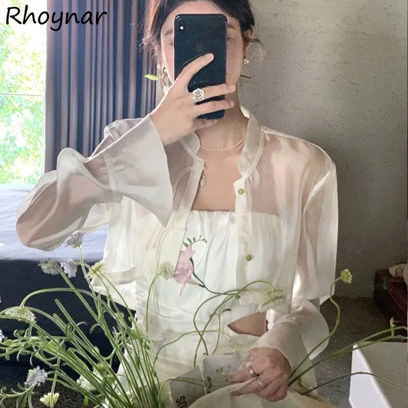 Sheer Crop Jackets Women Chinese Style Vintage Gentle Thin Sunscreen New Temper Sweet Long-sleeve Aesthetic Leisure Stand Collar