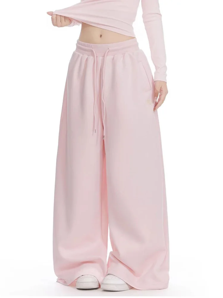 

Сладкие розовые широкие брюки для женщин, свободные, с высокой талией, в стиле преппи, милые брюки, корейский повседневный стиль, с карманами, весенняя мода, брюки.