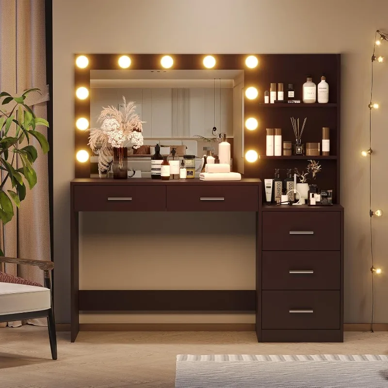 

46.7" Makeup Vanity Table with Lighted Mirror,Storage Shelf & 5 Drawers, Bedroom Dressing Table, 11 LED Lights, Brown