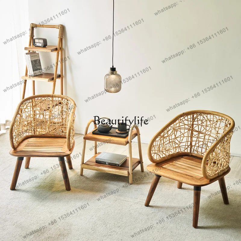 XX Nordic Rattan Chair Three-piece Rural Solid Wood Nordic Home Balcony Backrest Sofa Chair