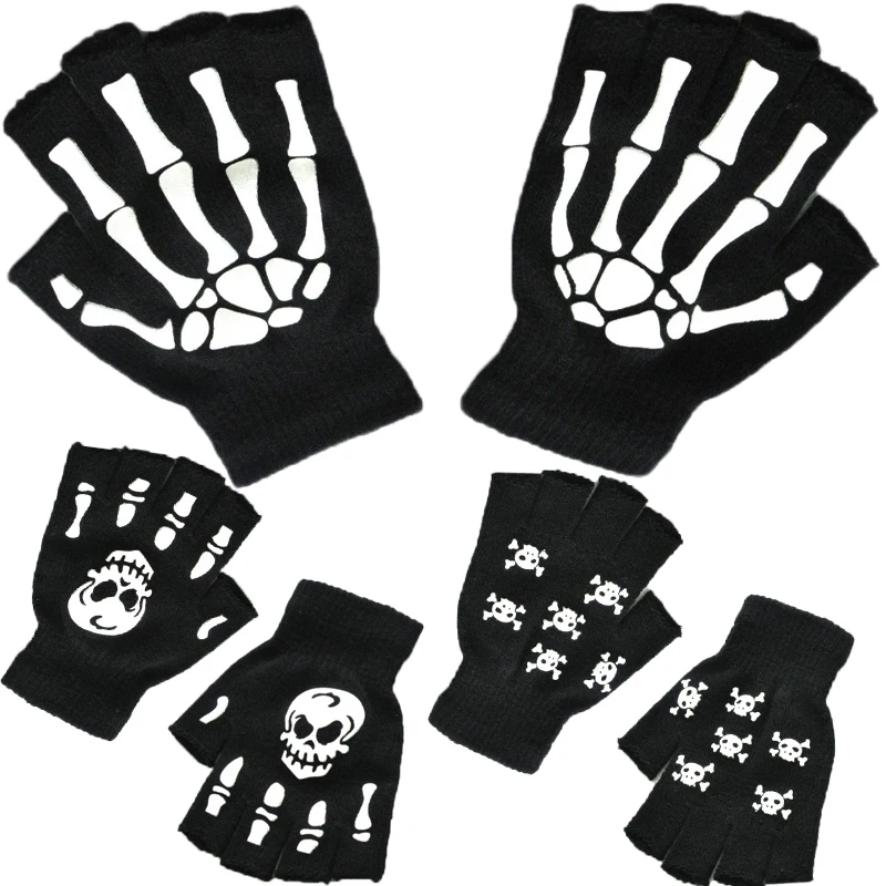 Halloween Half Finger Gloves Unisex Adult Skeleton Skull Glow in the Dark Fingerless Stretch Knitted Winter Mittens Moto Gloves