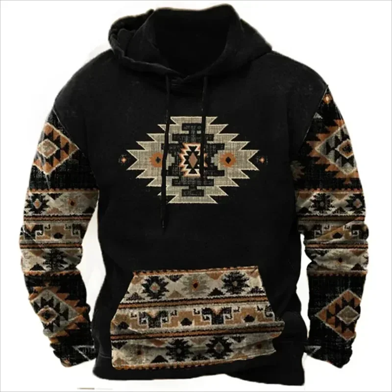 Vintage Pattern Hooded Sweatshirts For Men Ethnic 3D Printed Long Sleeves Autumn Casual Street Tops Hoodies Oversized Pullovers