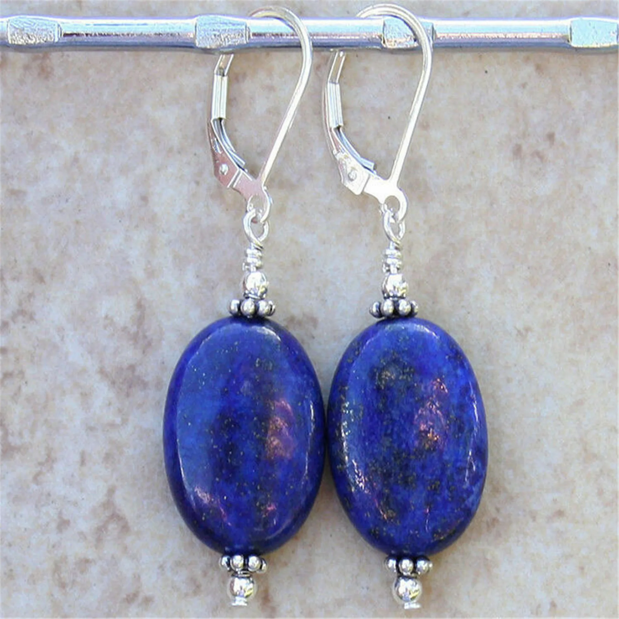 

A pair Lapis lazuli Ellipse Gemstone Earrings silver Eardrop Custom Office Handmade Everyday Dangle Art Beaded Minimalist