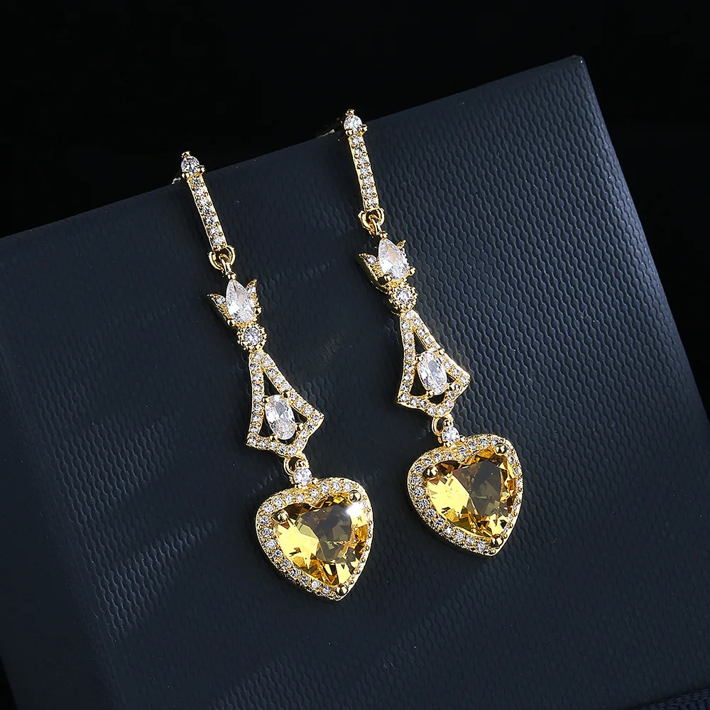 Luxury Super Flash Heart-Shaped Citrine Zircon S925 Silver Needle Personality Luxury Peach Heart Female Earrings
