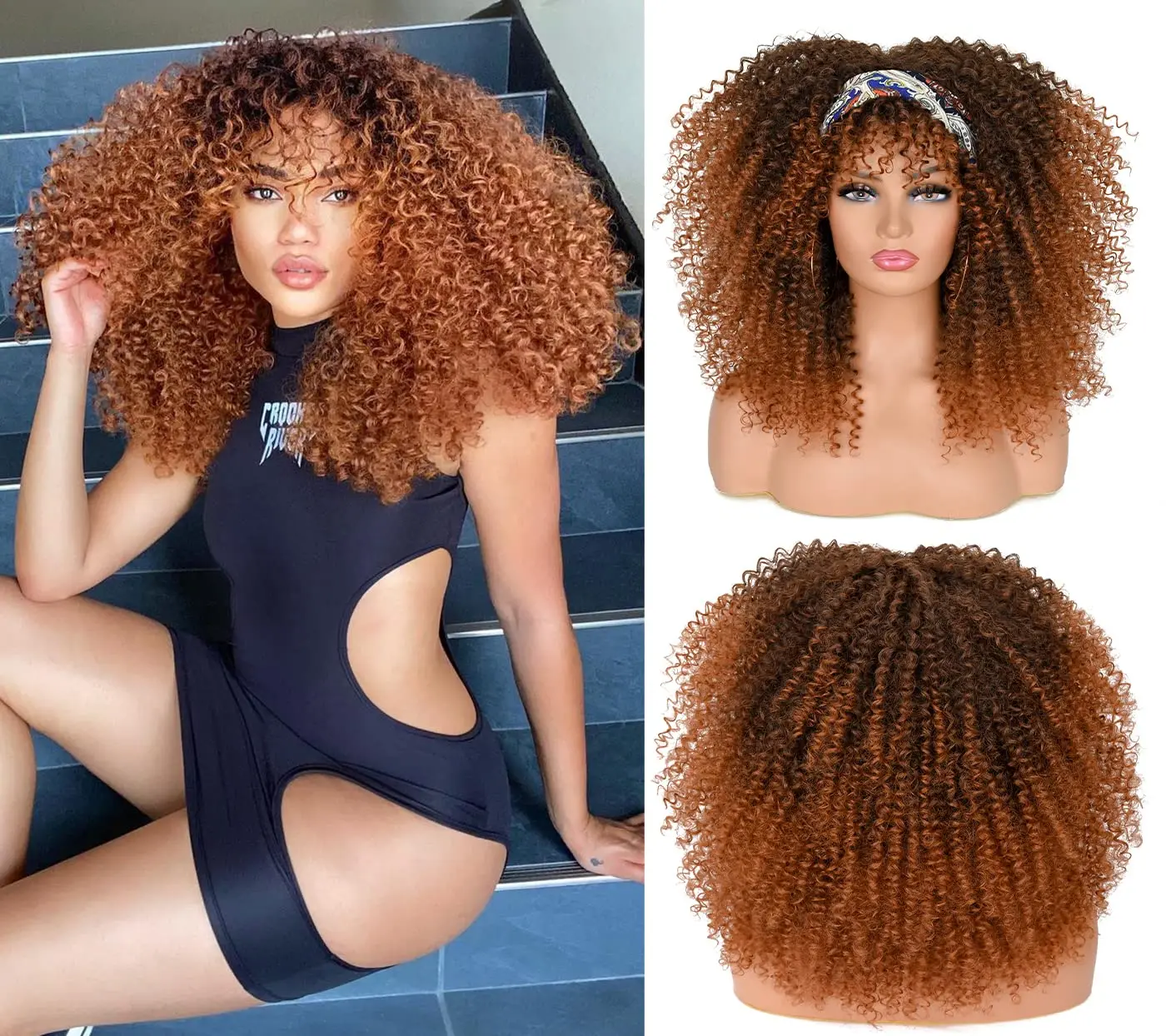 Synthetische kurze Afro-Lockenperücke mit Pony, afrikanische flauschige schwarze Ombre-Braun-Locken-Damenperücken