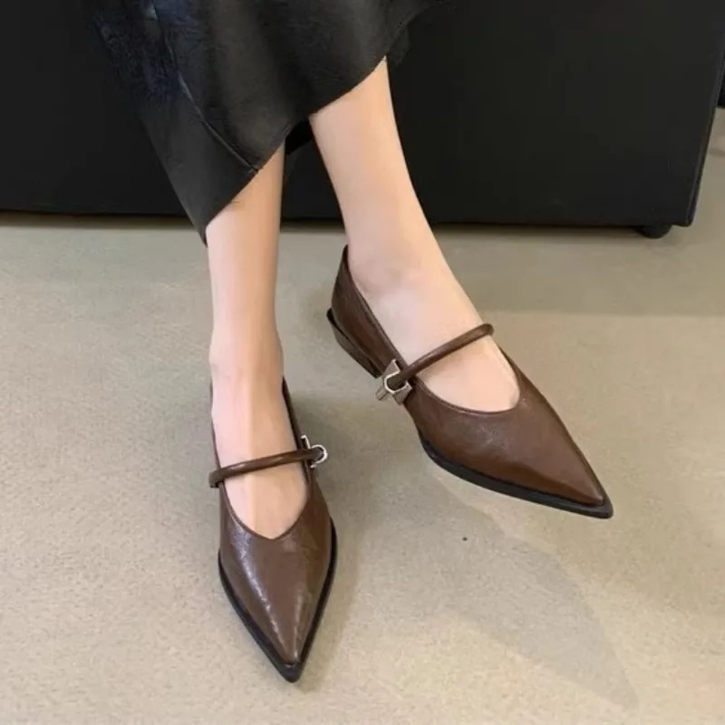 Women's Fashion Pointy Mary Jane Shoes Fall New Shallow Mouth Metal Buckle One Line Buckle Comfortable Single Shoes